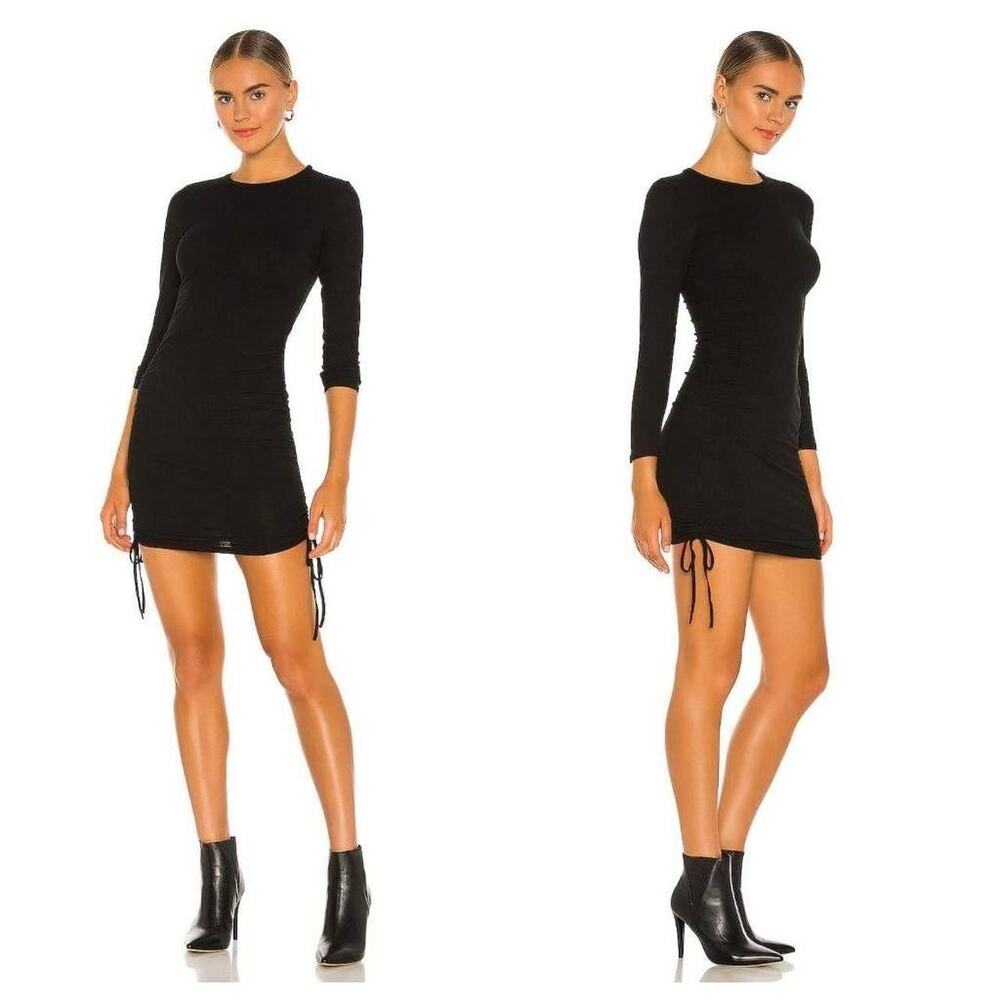 Steve Madden Black Ribbed Knit Ruched Long Sleeve Stretch Mini Bodycon Dress XS